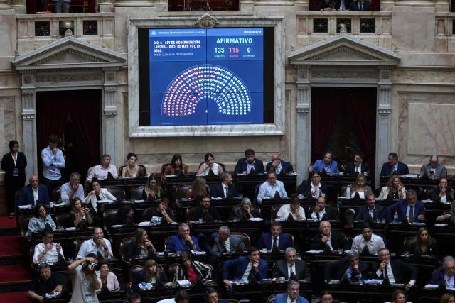 A screen shows the vote of the Argentine deputies during a session to debate labor law reforms at the National Congress in Buenos Aires, early on February 20, 2026. The Argentine Chamber of Deputies approved the labor reform promoted by Javier Milei's government shortly after midnight on February 19 to 20, 2026, in an important but not definitive step toward its enactment, following a day of general strikes that slowed the country down. (Photo by Tomas CUESTA / AFP)