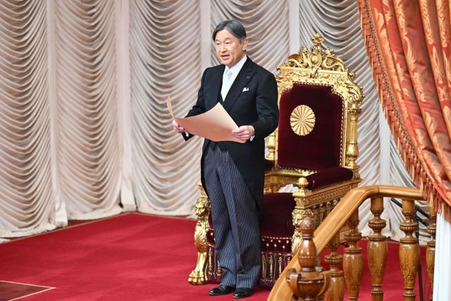 Japan's Emperor Naruhito delivers a speech at the opening ceremony of the Special Diet Session in the House of Councillors plenary chamber in Tokyo on February 20, 2026. (Photo by Kazuhiro NOGI / AFP)