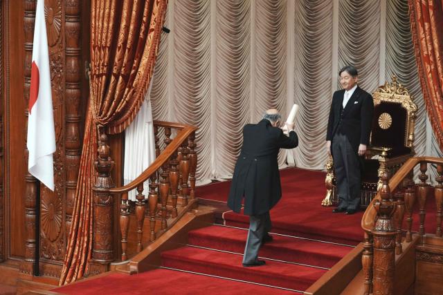 Japan's Emperor Naruhito (R) attends the opening ceremony of the Special Diet Session in the House of Councillors plenary chamber in Tokyo on February 20, 2026. (Photo by Kazuhiro NOGI / AFP)