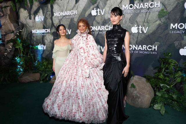 (L/R) Japanese actress Anna Sawai, US actress Kiersey Clemons and Japanese actress Mari Yamamoto attend the premiere of Apple TV's series "Monarch: Legacy of Monsters" Season 2 at the TCL Chinese Theatre in Hollywood, California, on February 19, 2026. (Photo by VALERIE MACON / AFP)