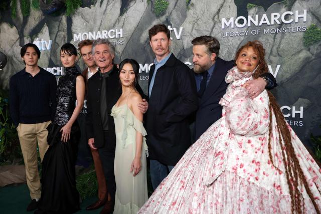 (LR) Japanese actor Ren Watabe, Japanese actress Mari Yamamoto, US actor Wyatt Russell, US actor Kurt Russell, Japanese actress Anna Sawai, US actor Anders Holm, US actor Joe Tippett and US actress Kiersey Clemons attend the premiere of Apple TV's series "Monarch: Legacy of Monsters" Season 2 at the TCL Chinese Theatre in Hollywood, California, on February 19, 2026. (Photo by VALERIE MACON / AFP)