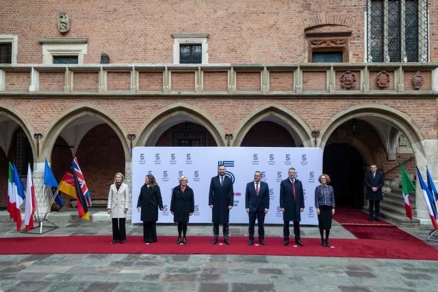 (From L): European Union High Representative for Foreign Affairs and Security Policy Kaja Kallas, Italy's Defence Isabella Rauti, France's Minister of the Armed Forces and Veterans Affairs Catherine Vautrin, Poland's Deputy Prime Minister and Minister of Defence Wladyslaw Kosiniak-Kamysz, German Defence Minister Boris Pistorius, Britain's Minister of State for Defence Readiness and Industry Luke Pollard and NATO Deputy Secretary General Radmila Sekerinska pose for a family photo before the European Group of Five (GoF) defence ministers' meeting at the Collegium Maius - the Jagiellonian University's oldest building in Krakow, Poland, on February 20, 2026. (Photo by Wojtek RADWANSKI / AFP)
