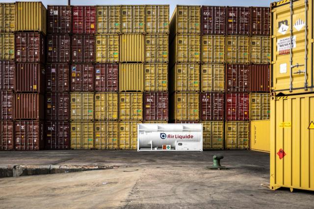 A general view of containers stacked up at the Five Star Logistics terminal in Tin Can Island Port in Lagos, on February 19, 2026. (Photo by OLYMPIA DE MAISMONT / AFP)