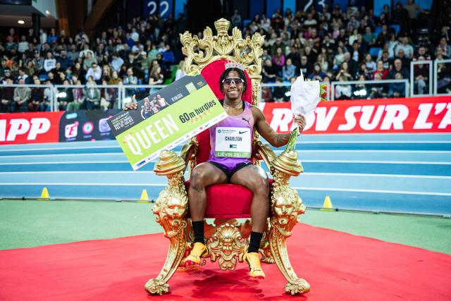 Bahamas' athlete Devynne Charlton celebrates winning the 60m hurdles Women final at the Athletics meeting "Hauts-de-France Pas-de-Calais" as part of the World Indoor Tour Gold, in Lievin, northern France on February 19, 2026. (Photo by Sameer Al-DOUMY / AFP)
