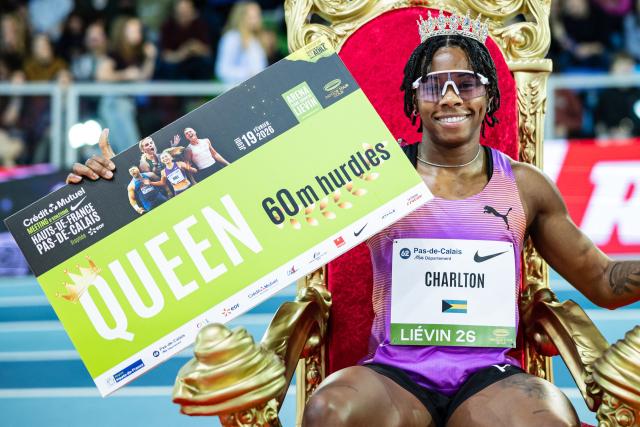 Bahamas' athlete Devynne Charlton celebrates winning the 60m hurdles Women final at the Athletics meeting "Hauts-de-France Pas-de-Calais" as part of the World Indoor Tour Gold, in Lievin, northern France on February 19, 2026. (Photo by Sameer Al-DOUMY / AFP)