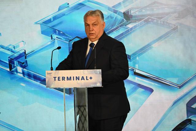 Hungarian Prime Minister Viktor Orban addresses a speech during a ceremony to lay the foundation stone of the new third terminal at Liszt Ferenc Airport in Budapest, Hungary, on February 20, 2026. The Hungarian government has acquired the central European country's main airport from a consortium led by Germany's AviAlliance in 2024. The deal also saw France's VINCI airports gain a 20 percent stake and take over operation duties. With the new terminal, the government aims to double the airport's capacity to 40 million passengers annually. (Photo by Attila KISBENEDEK / AFP)