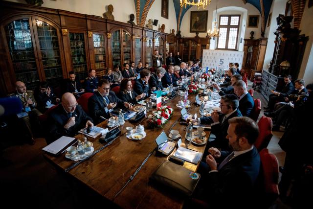 Genaral view as delegates and ministers take part in the European Group of Five (GoF) defence ministers meeting in The Collegium Maius - the Jagiellonian University's oldest building in Krakow, Poland, on February 20, 2026. (Photo by Wojtek RADWANSKI / AFP)