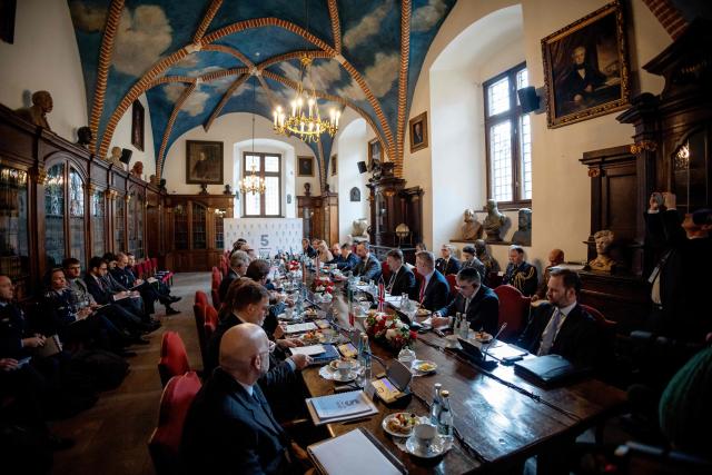 Genaral view as delegates and ministers take part in the European Group of Five (GoF) defence ministers meeting in The Collegium Maius - the Jagiellonian University's oldest building in Krakow, Poland, on February 20, 2026. (Photo by Wojtek RADWANSKI / AFP)
