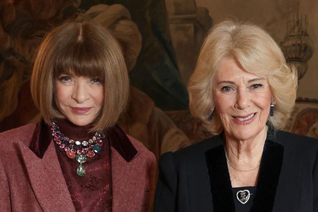 Britain's Queen Camilla (R) poses with former editor-in-chief of Vogue Anna Wintour (R) during an audience at St James's Palace on February 19, 2026 in London. (Photo by Chris Jackson / POOL / AFP)
