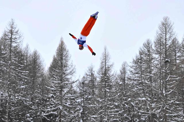 Switzerland's Pirmin Werner competes in the freestyle skiing men's aerials final 2 during the Milano Cortina 2026 Winter Olympic Games at Livigno Aerials & Moguls Park, in Livigno (Valtellina), on February 20, 2026. (Photo by Jeff PACHOUD / AFP)