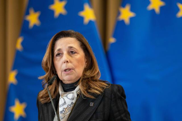 Italy's Undersecretary for Defence Isabella Rauti speaks during a press conference after a meeting with defence ministers of the European Group of Five (GoF) at the Collegium Maius - the Jagiellonian University's oldest building - in Krakow, Poland, on February 20, 2026. (Photo by Wojtek RADWANSKI / AFP)