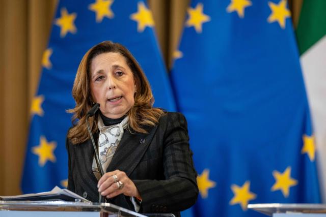 Italy's Undersecretary for Defence Isabella Rauti speaks during a press conference after a meeting with defence ministers of the European Group of Five (GoF) at the Collegium Maius - the Jagiellonian University's oldest building - in Krakow, Poland, on February 20, 2026. (Photo by Wojtek RADWANSKI / AFP)