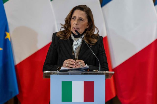 Italy's Undersecretary for Defence Isabella Rauti speaks during a press conference after a meeting with defence ministers of the European Group of Five (GoF) at the Collegium Maius - the Jagiellonian University's oldest building - in Krakow, Poland, on February 20, 2026. (Photo by Wojtek RADWANSKI / AFP)