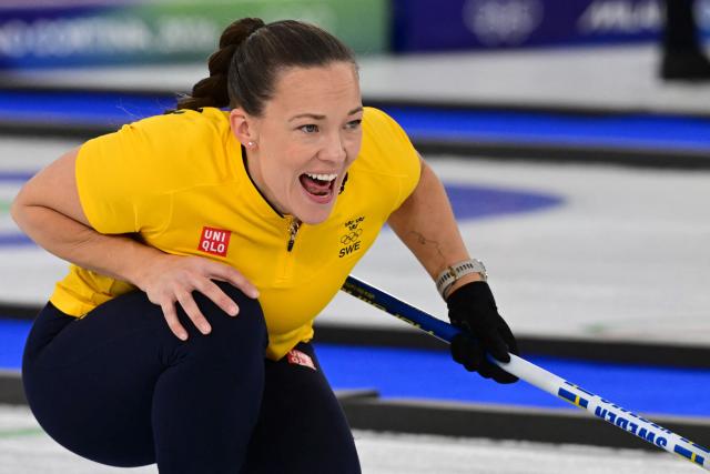 Sweden's Agnes Knochenhauer competes in the curling women's round robin semi-final between Canada and Sweden during the Milano Cortina 2026 Winter Olympic Games at the Cortina Curling Olympic Stadium in Cortina d’Ampezzo on February 20, 2026. (Photo by Stefano RELLANDINI / AFP)