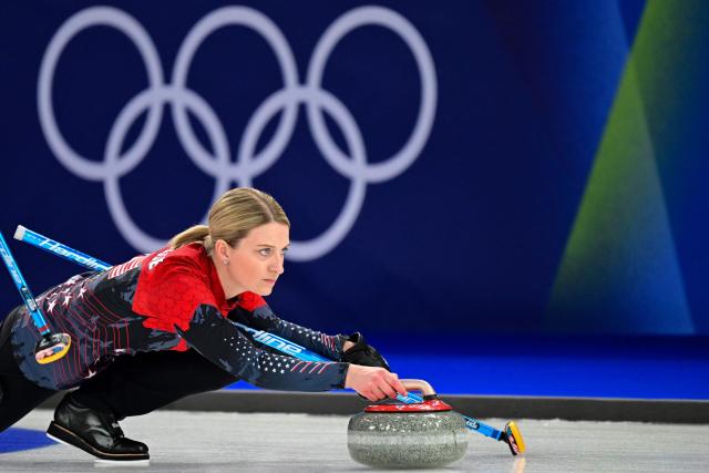 USA's Cory Thiesse competes in the curling women's round robin semi-final between USA and Switzerland during the Milano Cortina 2026 Winter Olympic Games at the Cortina Curling Olympic Stadium in Cortina d’Ampezzo on February 20, 2026. (Photo by Stefano RELLANDINI / AFP)