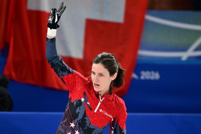USA's Tara Peterson reacts after scoring a point in the curling women's round robin semi-final between USA and Switzerland during the Milano Cortina 2026 Winter Olympic Games at the Cortina Curling Olympic Stadium in Cortina d’Ampezzo on February 20, 2026. (Photo by Stefano RELLANDINI / AFP)