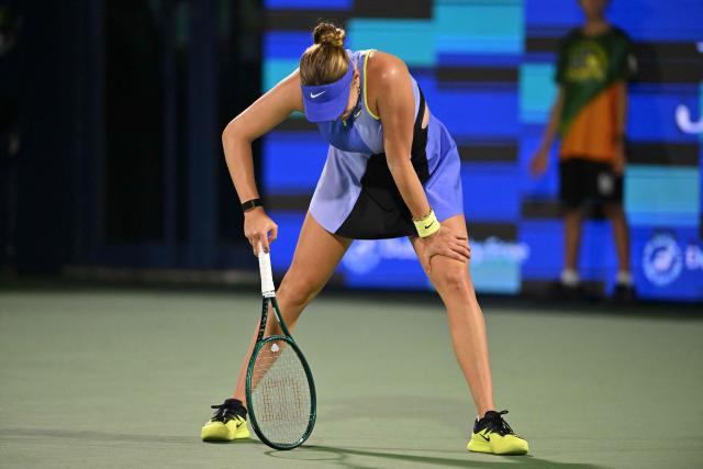 US' Amanda Anisimova reacts during their women’s singles semi-final match against compatriot Jessica Pegula at the Dubai Duty Free Tennis tournament in Dubai on February 20, 2026. (Photo by Ryan Lim / AFP)