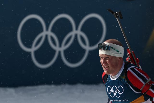 Norway's Johannes Dale-Skjevdal enters the shooting range during the men's biathlon 15km mass start event during the Milano Cortina 2026 Winter Olympic Games at the Anterselva Biathlon Arena (Sudtirol Arena) in Anterselva (Val Pusteria) on February 20, 2026. (Photo by FRANCK FIFE / AFP)