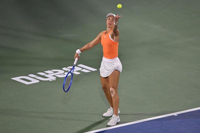 US' Jessica Pegula serves against compatriot Amanda Anisimova during their women’s singles semi-final match at the Dubai Duty Free Tennis tournament in Dubai on February 20, 2026. (Photo by Ryan Lim / AFP)
