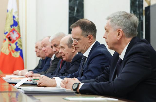 In this pool photograph distributed by the Russian state agency Sputnik, Kremlin aide Vladimir Medinsky is seen prior to a Security Council meeting chaired by Russian President in Moscow on February 20, 2026. (Photo by Vyacheslav PROKOFYEV / POOL / AFP)