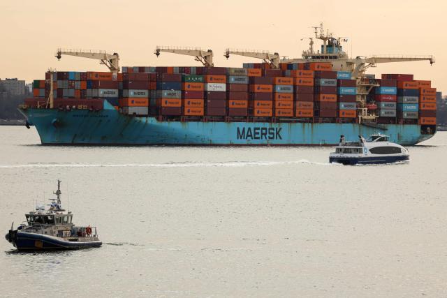 (FILES) A Maersk cargo ship loaded with shipping containers navigates through New York Bay on January 23, 2026. The US Supreme Court ruled February 20, that Donald Trump exceeded his authority in imposing a swath of tariffs that upended global trade, blocking a key tool the president has wielded to impose his economic agenda. (Photo by CHARLY TRIBALLEAU / AFP)