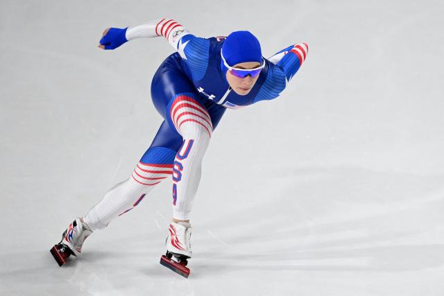 USA's Greta Myers competes in the speed skating women's 1500m during the Milano Cortina 2026 Winter Olympic Games at Milano Speed Skating Stadium in Milan on February 20, 2026. (Photo by Daniel MUNOZ / AFP)