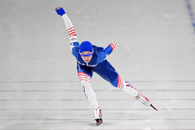 USA's Greta Myers competes in the speed skating women's 1500m during the Milano Cortina 2026 Winter Olympic Games at Milano Speed Skating Stadium in Milan on February 20, 2026. (Photo by Daniel MUNOZ / AFP)