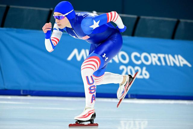 USA's Greta Myers competes in the speed skating women's 1500m during the Milano Cortina 2026 Winter Olympic Games at Milano Speed Skating Stadium in Milan on February 20, 2026. (Photo by Piero CRUCIATTI / AFP)
