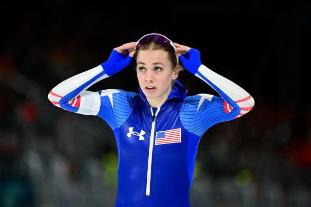 USA's Greta Myers reacts after competing in the speed skating women's 1500m during the Milano Cortina 2026 Winter Olympic Games at Milano Speed Skating Stadium in Milan on February 20, 2026. (Photo by Piero CRUCIATTI / AFP)