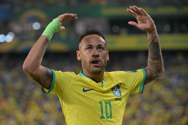 (FILES) Brazil's forward Neymar gestures during the 2026 FIFA World Cup South American qualification football match between Brazil and Venezuela at the Arena Pantanal stadium in Cuiaba, Mato Grosso State, Brazil, on October 12, 2023. Brazilian football star Neymar admitted for the first time that he could end his career at the end of 2026, just months before the World Cup he still hopes to play with the Selecao. (Photo by NELSON ALMEIDA / AFP)