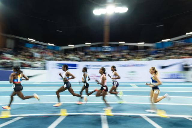 Athletes compete in the 3000m women final at the Athletics meeting "Hauts-de-France Pas-de-Calais" as part of the World Indoor Tour Gold, in Lievin, northern France on February 19, 2026. (Photo by Sameer Al-DOUMY / AFP)