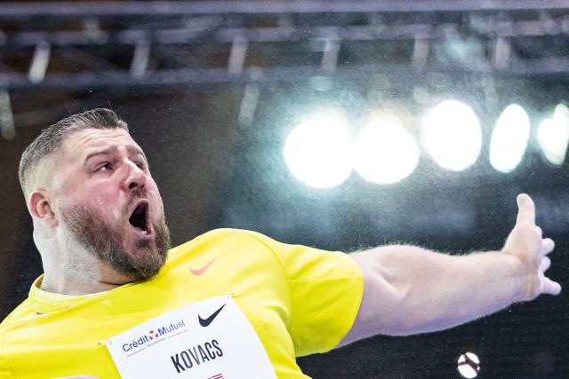 US' Joe Kovacs competes in the shot put at the Athletics meeting "Hauts-de-France Pas-de-Calais" as part of the World Indoor Tour Gold, in Lievin, northern France on February 19, 2026. (Photo by Sameer Al-DOUMY / AFP)