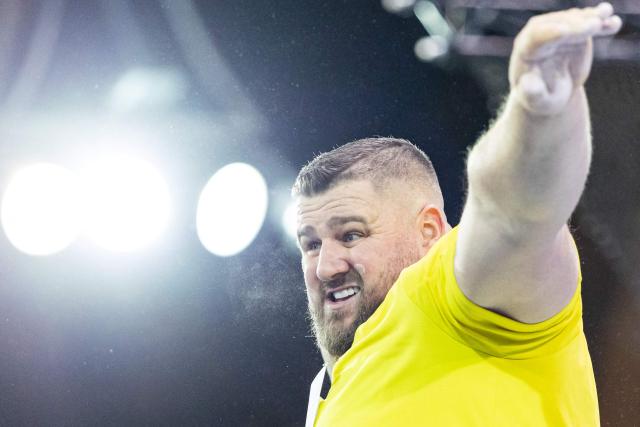 US' Joe Kovacs competes in the shot put at the Athletics meeting "Hauts-de-France Pas-de-Calais" as part of the World Indoor Tour Gold, in Lievin, northern France on February 19, 2026. (Photo by Sameer Al-DOUMY / AFP)