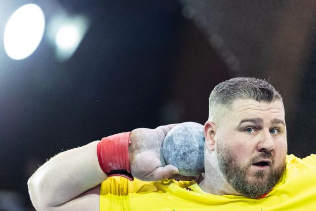 US' Joe Kovacs competes in the shot put at the Athletics meeting "Hauts-de-France Pas-de-Calais" as part of the World Indoor Tour Gold, in Lievin, northern France on February 19, 2026. (Photo by Sameer Al-DOUMY / AFP)