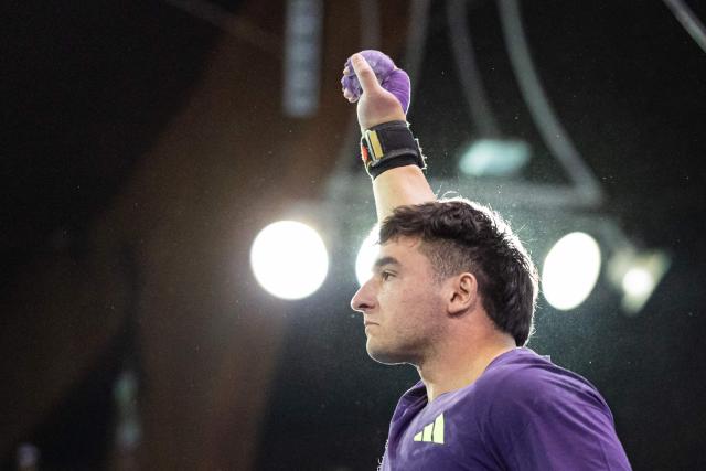 Italy's Leonardo Fabbri competes in the shot put at the Athletics meeting "Hauts-de-France Pas-de-Calais" as part of the World Indoor Tour Gold, in Lievin, northern France on February 19, 2026. (Photo by Sameer Al-DOUMY / AFP)