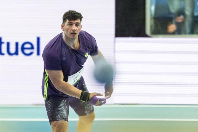 Italy's Leonardo Fabbri competes in the shot put at the Athletics meeting "Hauts-de-France Pas-de-Calais" as part of the World Indoor Tour Gold, in Lievin, northern France on February 19, 2026. (Photo by Sameer Al-DOUMY / AFP)
