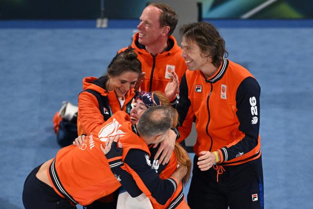 Gold medallist Netherland's Antoinette Rijpma-de Jong reacts after the speed skating women's 1500m during the Milano Cortina 2026 Winter Olympic Games at Milano Speed Skating Stadium in Milan on February 20, 2026. (Photo by Daniel MUNOZ / AFP)