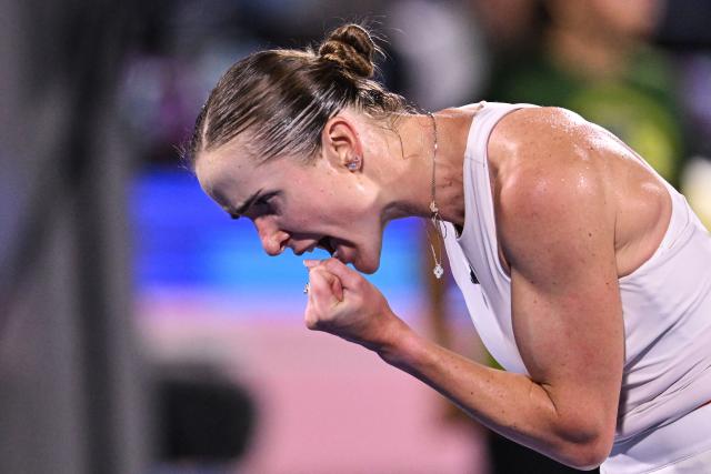 Ukraine's Elina Svitolina reacts during her match against US' Coco Gauff in the women’s singles semi-final match at the Dubai Duty Free Tennis tournament in Dubai on February 20, 2026. (Photo by Ryan Lim / AFP)