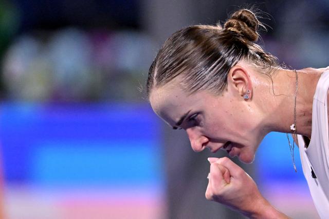 Ukraine's Elina Svitolina reacts during her match against US' Coco Gauff in the women’s singles semi-final match at the Dubai Duty Free Tennis tournament in Dubai on February 20, 2026. (Photo by Ryan Lim / AFP)