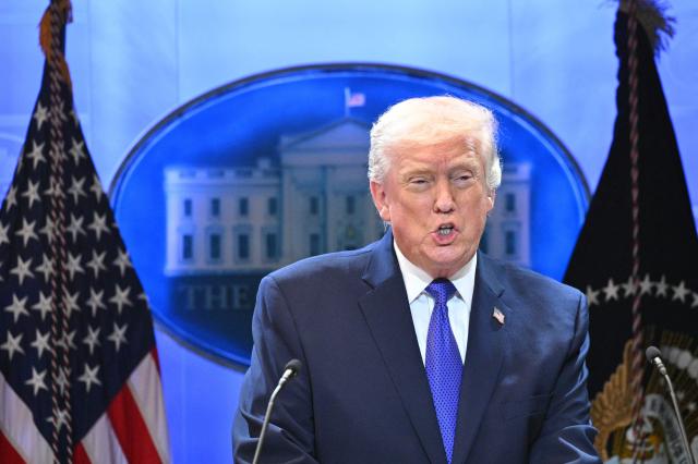 US President Donald Trump speaks during a press conference in the Brady Press Briefing Room of the White House in Washington, DC, on February 20, 2026. US President Donald Trump will hold a press conference Friday to discuss the Supreme Court's ruling against a major part of his tariffs, spokeswoman Karoline Leavitt said. (Photo by Mandel NGAN / AFP)