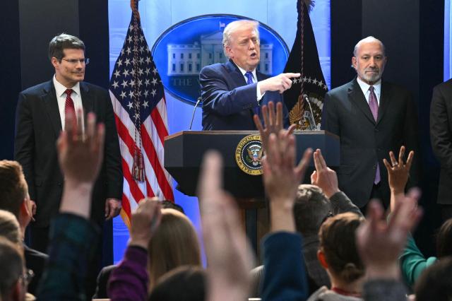 US President Donald Trump takes question from reporters during a press conference in the Brady Press Briefing Room of the White House in Washington, DC, on February 20, 2026. US President Donald Trump will hold a press conference Friday to discuss the Supreme Court's ruling against a major part of his tariffs, spokeswoman Karoline Leavitt said. (Photo by Mandel NGAN / AFP)