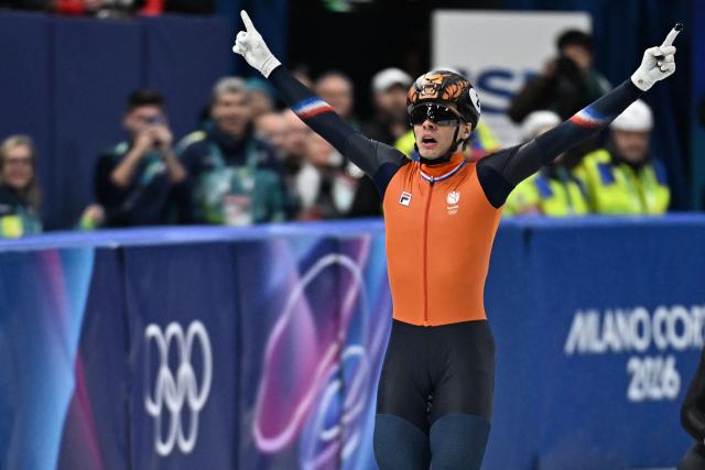 Netherlands' Jens van 't Wout reacts after winning gold in the short track speed skating men's 5000m relay final during the Milano Cortina 2026 Winter Olympic Games at Milano Ice Skating Arena in Milan on February 20, 2026. (Photo by Gabriel BOUYS / AFP)
