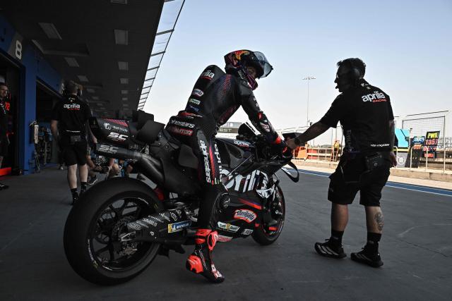 Aprilia Racing's Spanish rider Jorge Martin prepares to leave the garage during the first day of the 2026 MotoGP pre-season test at the Buriram International Circuit in Buriram on February 21, 2026. (Photo by Lillian SUWANRUMPHA / AFP)