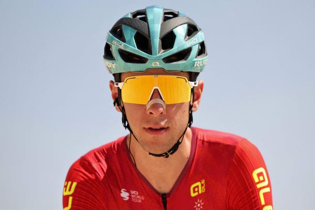 Bahrain Victorious's Italian rider Antonio Tiberi looks on before the sixth stage of the UAE Tour cycling event from al-Ain Museum to Jebel Hafeet in Abu Dhabi on February 21, 2026. (Photo by Fadel SENNA / AFP)