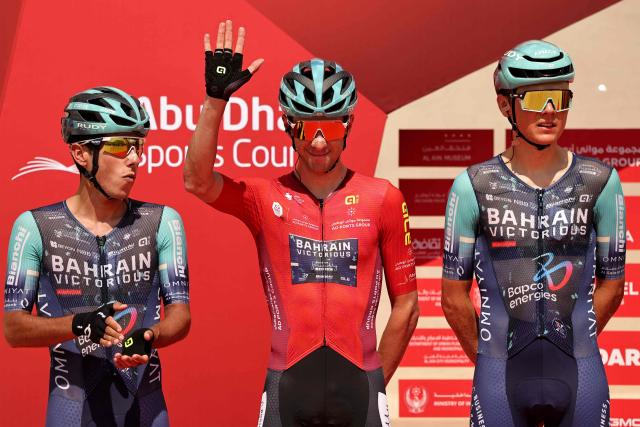 Bahrain Victorious's Italian rider Antonio Tiberi (C) gestures before the sixth stage of the UAE Tour cycling event from al-Ain Museum to Jebel Hafeet in Abu Dhabi on February 21, 2026. (Photo by Fadel SENNA / AFP)