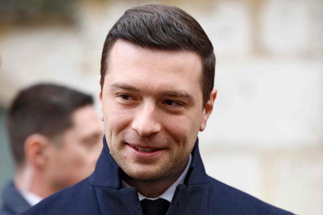 Rassemblement National (RN) President Jordan Bardella arrives for a visit in support of Rassemblement National's MP and mayoral candidate Julien Limongi ahead of France's upcoming municipal elections in Provins, near Paris on February 21, 2026. (Photo by Charlotte SIEMON / AFP)