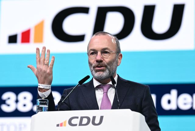 Manfred Weber, chairman of the European People's Party (EPP), speaks at the party congress of Germany's Christian Democratic Union (CDU) in Stuttgart, southern Germany, on February 21, 2026. (Photo by THOMAS KIENZLE / AFP)