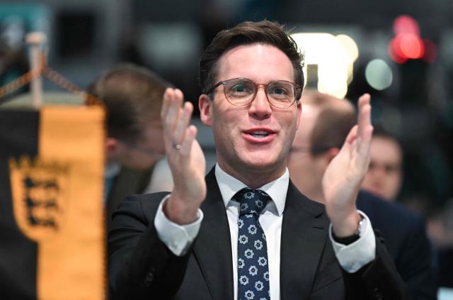Manuel Hagel, chairman of the Christian Democratic Union (CDU) in Baden-Wuerttemberg, attends the party congress of Germany's Christian Democratic Union (CDU) in Stuttgart, southern Germany, on February 21, 2026. (Photo by THOMAS KIENZLE / AFP)