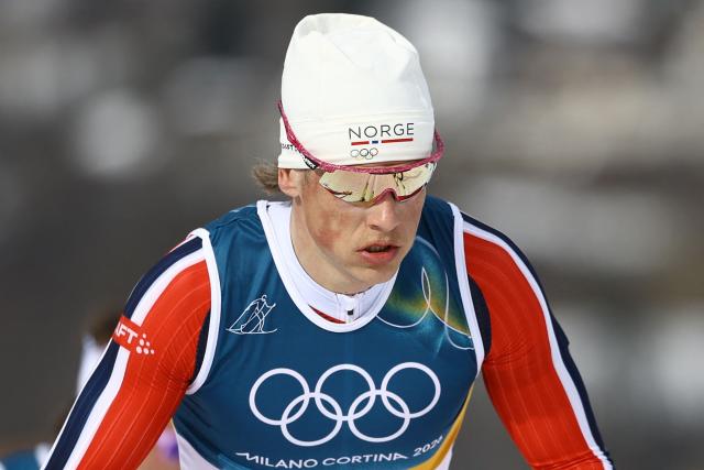 Norway's Johannes Hoesflot Klaebo competes during the men's cross country 50km mass start final event of the Milano Cortina 2026 Winter Olympic Games at Tesero Cross-Country Skiing Stadium in Lago di Tesero (Val di Fiemme) on February 21, 2026. (Photo by Anne-Christine POUJOULAT / AFP)