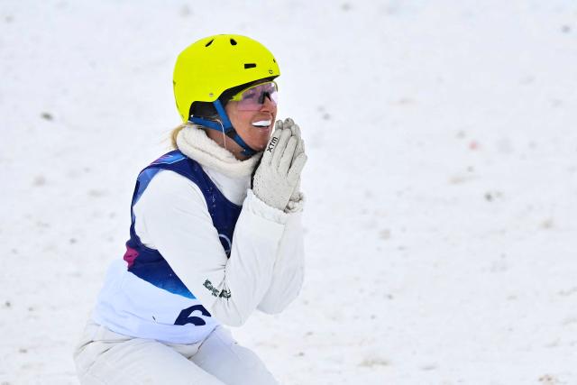 Australia's Danielle Scott reacts in the freestyle skiing mixed team aerials final 2 during the Milano Cortina 2026 Winter Olympic Games at Livigno Aerials & Moguls Park, in Livigno (Valtellina), on February 21, 2026. (Photo by Jeff PACHOUD / AFP)